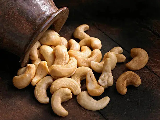 A product image of a bag of mixed crispy cashews, a gourmet roasted nut snack perfect for buying online.